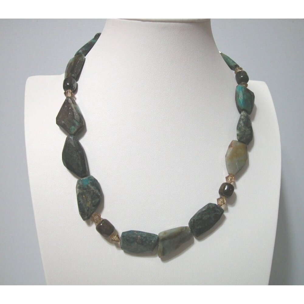 Chunky Green & Brown Agate Stone Beaded Necklace With Silver Toggle Clasp